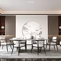 Chinese Style Dining Room Interior With Round Landscape Painting Dining Table And Chairs