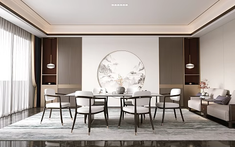 New Chinese Restaurant Dining Table and Chair Chandelier 3d model