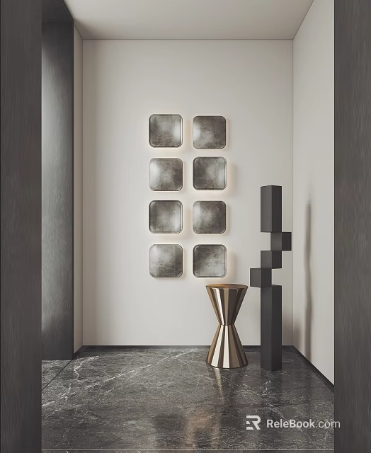 Eight Square Modern Wall Hangings With Black Geometric Decor And Golden Table 3d model 