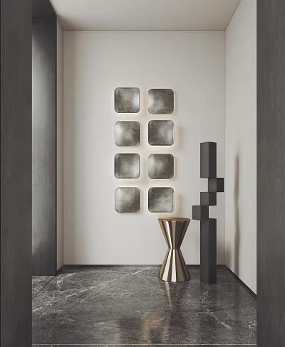 Eight Square Modern Wall Hangings With Black Geometric Decor And Golden Table 3d model