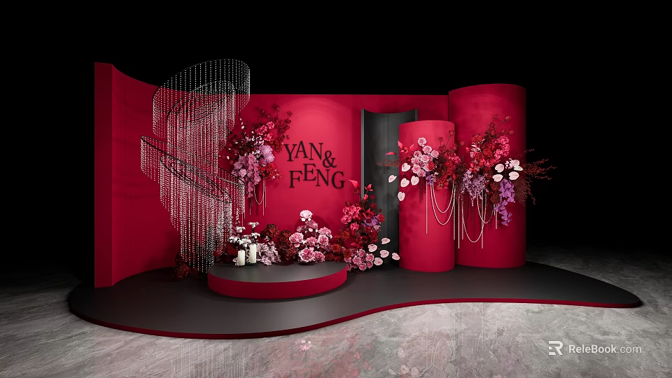 Elegant Red Wedding Decoration for Yan and Feng With Floral Backdrop and Columns 3d model 