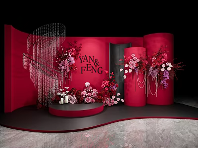 Elegant Red Wedding Decoration for Yan and Feng With Floral Backdrop and Columns 3d model