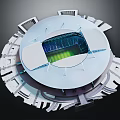 Modern Round Stadium Architecture With Green Turf And Blue Seats Design