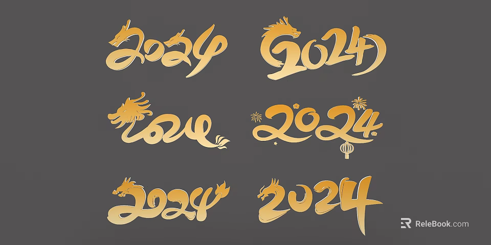 Golden 2024 Dragon Artistic Design Elements With Calligraphy And Patterns 3d model 