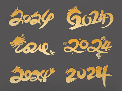 Golden 2024 Dragon Artistic Design Elements With Calligraphy And Patterns 3d model