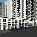 Vibrant Commercial Street with Modern Buildings Various Shops Outdoor Seating and Pedestrians