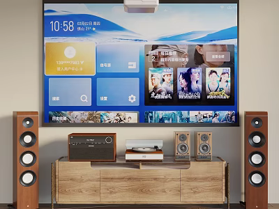Home Audio Speakers System With Wooden TV Stand And Large Screen TV Setup 3d model