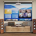 Home Audio Speakers System With Wooden TV Stand And Large Screen TV Setup