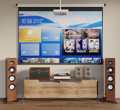 Home Audio Speakers System With Wooden TV Stand And Large Screen TV Setup 3d model