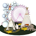 Inflatable Tents And Pink Ferris Wheel With Balloon Decorations On Grass With Stuffed Toys