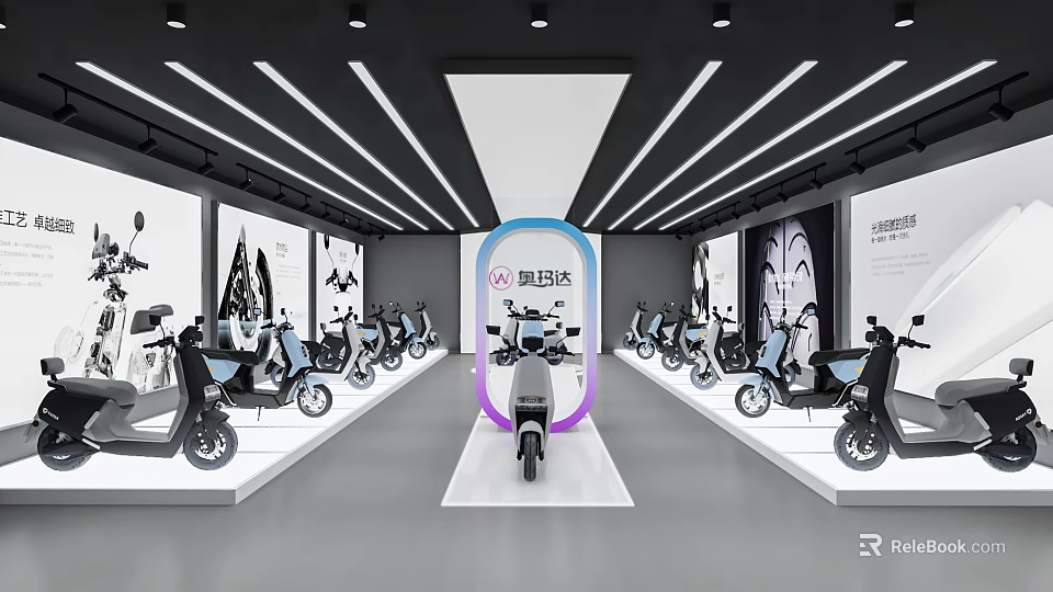 Yadea Electric Scooter Showroom Interior with Neatly Arranged Vehicles and Modern Lighting 3d model 
