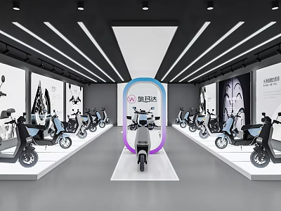 Yadea Electric Scooter Showroom Interior with Neatly Arranged Vehicles and Modern Lighting 3d model