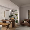 Cozy Vintage Living And Dining Space With Arched Design And Classic Walnut Storage Cabinets