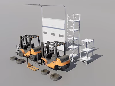 Industrial Equipment Featuring Forklifts Tires And Metal Shelves In Warehouse Setting 3d model