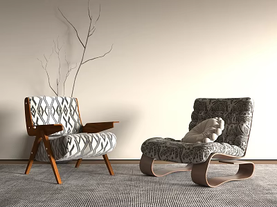 Stylish Leisure Chairs With Wooden Armrests Curved Base And Twig Decoration On Textured Carpet 3d model