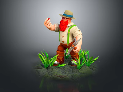 3D Game Character With Red Beard Straw Hat Glasses Holding Red Object Tool In Green Grass 3d model