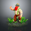 3D Game Character With Red Beard Straw Hat Glasses Holding Red Object Tool In Green Grass