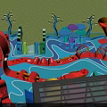 Fun Colorful Kids Play Area With Red Slide Blue Wavy Floor And Climbing Structures