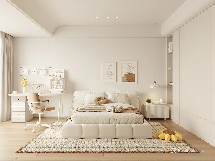 Modern White Bedroom Interior With Comfortable Bed Desk Chair And Area Rug 3d model 