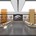 Modern Helmet Showroom With Curved Display Counters Yellow Pillars Wall Decorations And White Helmets