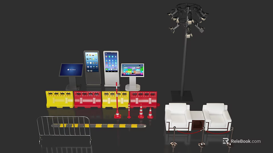 Electronic Displays Tablets Yellow Red Barriers White Sofas And Multi Camera Stand Setup 3d model 