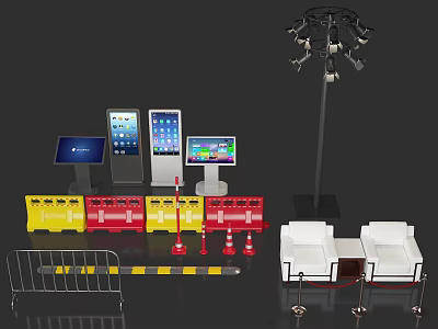 Electronic Displays Tablets Yellow Red Barriers White Sofas And Multi Camera Stand Setup 3d model