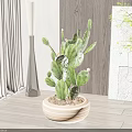 Potted Cactus Plant In Round Wooden Pot With Indoor Wooden Wall And Floor Lamp