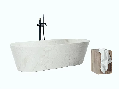 Modern Freestanding Marble Bathtub Design With Black Faucet And Wooden Towel Cabinet 3d model