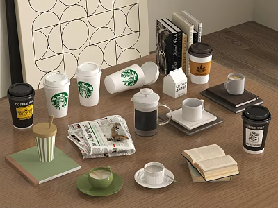 Assorted Coffee Drinks with Various Cups Newspaper Books and Notebooks on Wooden Table 3d model