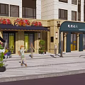 Vibrant Commercial Street with Multi Story Buildings Various Shops Pedestrians And Paved Plaza Area