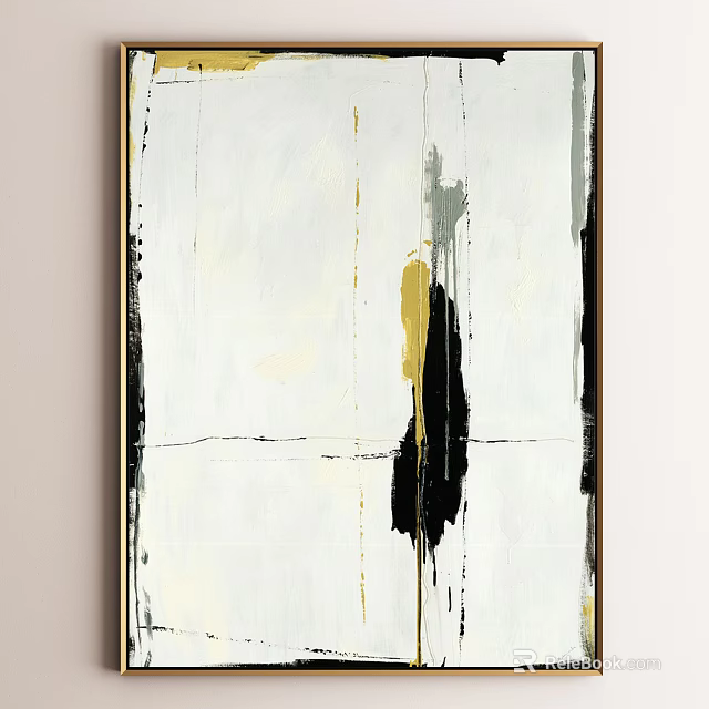 Modern Abstract Painting With White Background Black Gold Brush Strokes And Horizontal Lines 3d model 