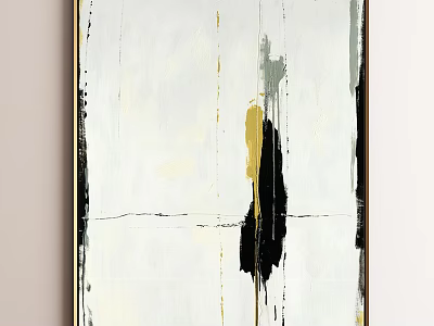 Modern Abstract Painting With White Background Black Gold Brush Strokes And Horizontal Lines 3d model