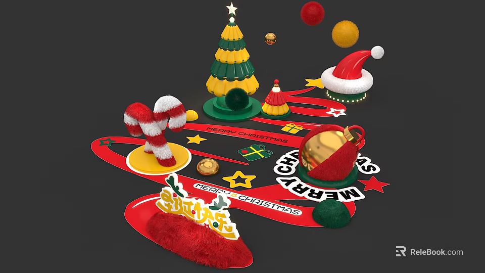 Christmas Window Display With Christmas Tree Santa Hat Candy Cane Gift Boxes And Decorative Balls 3d model 