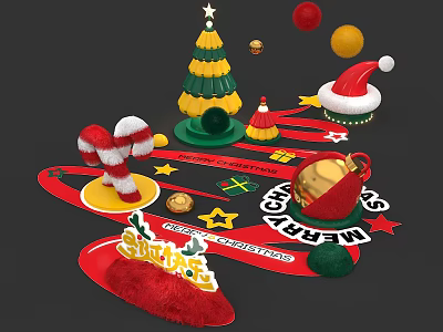 Christmas Window Display With Christmas Tree Santa Hat Candy Cane Gift Boxes And Decorative Balls 3d model