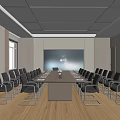 Modern Conference Room Interior With Long Meeting Table Black Chairs Wooden Flooring And Ceiling Lighting