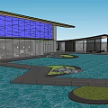 Modern Garden Landscape With Blue Wall Glass Curtain Water Pool And Green Areas