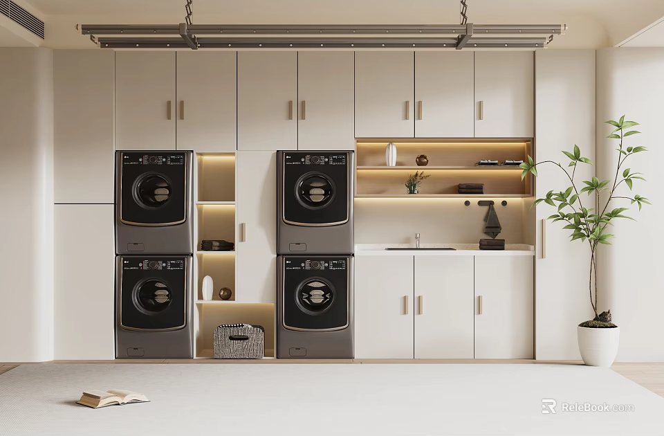 Modern Laundry Room With White Cabinets Stacked Black Washers Dryers And Potted Plant 3d model 