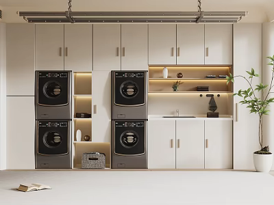 Modern Laundry Room With White Cabinets Stacked Black Washers Dryers And Potted Plant 3d model