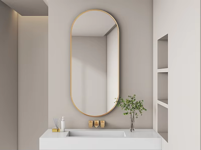 Oval Gold Framed Mirror In Modern Bathroom With Sink And Plant 3d model