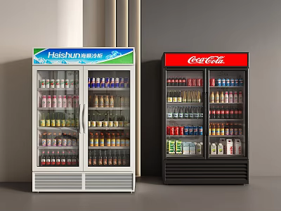 Commercial Double Door Refrigerator Display Units With Brand Logos Stocked With Various Beverages 3d model