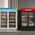 Commercial Double Door Refrigerator Display Units With Brand Logos Stocked With Various Beverages