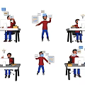 Cartoon Character Decorative Figurine Set For Office Desk With File Mail And Bulb Icons