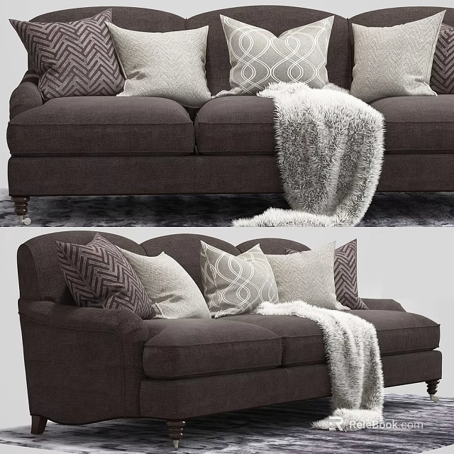 Cozy Dark Brown Three Seater Sofa with Patterned Pillows and Soft Plush Blanket 3d model