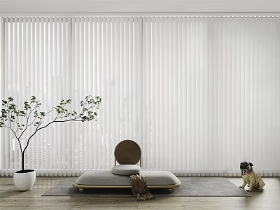 Bright Modern Living Area With White Blinds Daybed Potted Tree And Dog 3d model