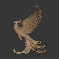 Golden Phoenix Sculpture Carving With Spread Wings And Intricate Decorative Details