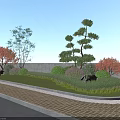 Roadside Facilities With Landscaping Diverse Trees Colorful Shrubs Brick Pavement And Low Wall