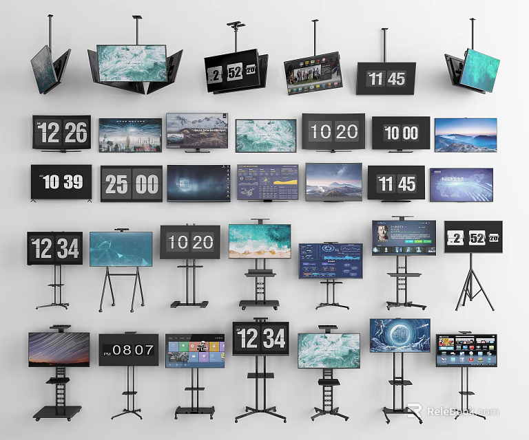 Various Modern TV Screens With Digital Time Displays On Tripod Stands 3d model