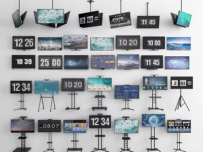 Various Modern TV Screens With Digital Time Displays On Tripod Stands 3d model