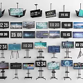 Various Modern TV Screens With Digital Time Displays On Tripod Stands 3d model