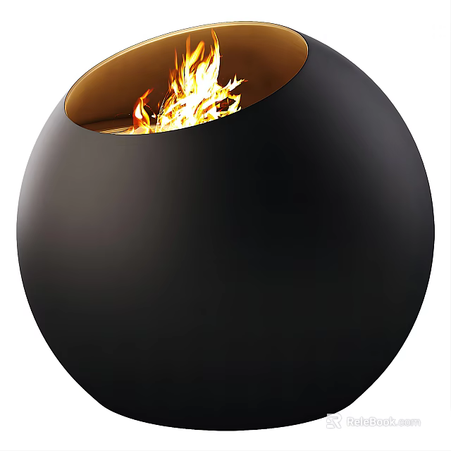 Black Spherical Modern Fireplace With Burning Flames Stylish Interior Decorative Design 3d model